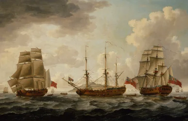 H.M.S. Tyrall in drie posities bij Antigua