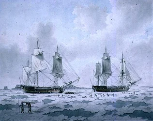 De Schepen van Lord Mulgraves Expeditie van Ontdekking vast in het IJs in de Poolgebieden