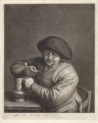 Boer met pijp en kruik in de hand bij een tafel
