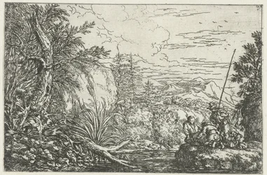 Drie vissers aan de oever van een rivier