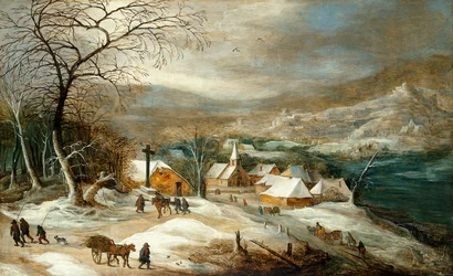 Een Winterlandschap, met Figuren op een Weg bij een Dorp
