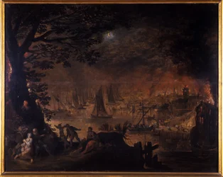 Brandende stad aan zee
