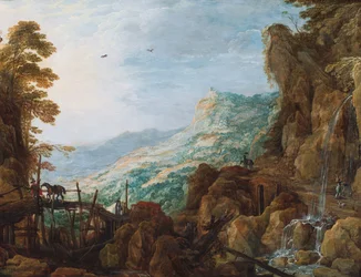Een rotsachtig berglandschap met een ruiter op een brug en een waterval (olieverf op paneel)