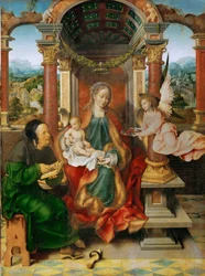 Vroeg-Nederlandse kunst: De Madonna en Kind met Sint-Jozef (gevleugeld altaar, centraal paneel) door Cleve, Joos van (ca. 1485-1540), ca. 1530
