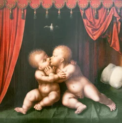 Heilige kinderen St. Johannes de Doper en Christus omhelzen elkaar