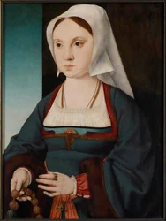 Portret van een jonge dame met een rozenkrans