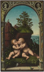Het Kind Jezus en Sint Jan de Doper als kinderen omhelzen elkaar in een landschap, omgeven door een klassieke boog