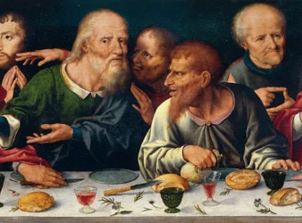 Het Laatste Avondmaal, Judas en de andere apostelen, Joos van Cleve (1485-1540 ca), altaarstuk uit de kerk van Frati Minori in Genua, Italië