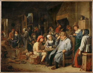 Een gezelschap boeren in een taveerne (schilderij op eikenhout)