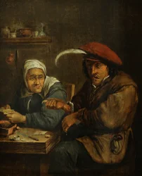 Interieur met een oude vrouw en een man die bloed laat vloeien (Allegorie op de tastzin)