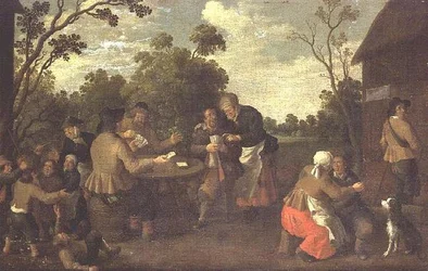 Boeren die kaarten spelen en kinderen die vechten