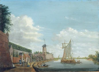 Een rivierlandschap met elegante stadsbewoners die langs een stadsmuur wandelen, ca. 1776