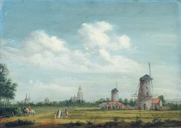Een uitzicht op Arnhem met de St. Walburgskerk links en de Grote Kerk rechts, elegante stadsbewoners wandelen in de buurt, 1776