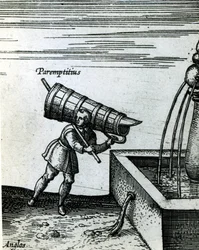 Een leerling haalt water uit een fontein (detail)