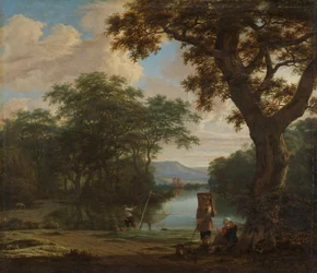 Landschap met visser met een vierkant net