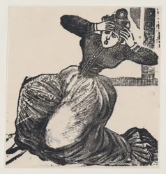 Een hijgende vrouw op de grond met haar handen opgeheven naar haar hoofd, uit een pamflet getiteld..., 1893