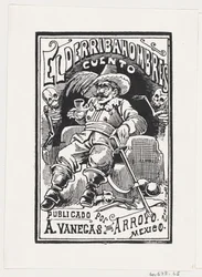 Een man met wapens en een pijp in zijn mond geflankeerd door twee skeletten, illustratie, ca. 1880-1910