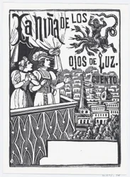 Een vrouw en een man die op een balkon staan en naar een vliegend monster in de lucht kijken..., ca. 1880-1910