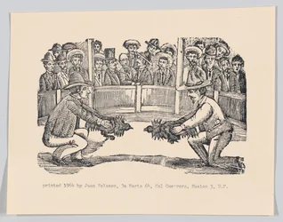 Twee mannen in een arena houden hanen vast ter voorbereiding op een gevecht, spe..., ca. 1890-1910, herdrukt in 1964.