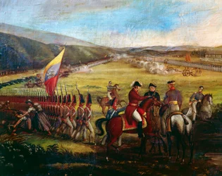 De troepen van generaal Narino, een metgezel van Bolivar, tijdens de Slag om Calibio, schilderij van Jose Maria Espinosa (1796-1883). Colombia
