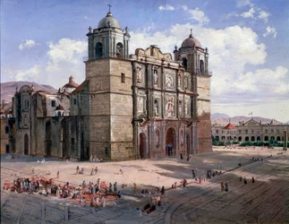 Uitzicht op de kathedraal van Oaxaca, Mexico
