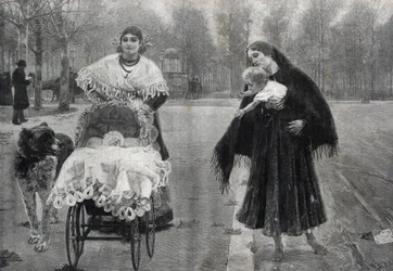 In de Tuilerieën tuin in Parijs - Het contrast - gravure naar het schilderij van Jose Villegas Cordero (1844-1921)