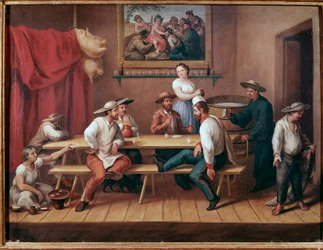 Een pulqueria. Taverne in Zuid-Amerika, gasten drinken pulque (traditionele Meso-Amerikaanse alcoholische drank)