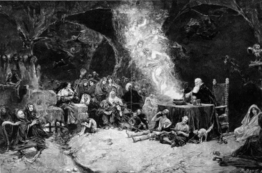 Sabbatscène, een tovenaar leidt de ceremonie en roept wezens op in een magische ketel. Heksen wonen de scène bij. Uit een tekening van Jose Benlliure y Gil (1855-1937)