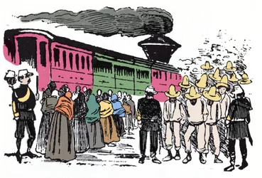 De Mexicaanse Revolutie (1910-1920): deportatie van arbeiders in de Valle Nacional, circa 1908 - Houtsnede door Jose Guadalupe Posada (1852-1913)