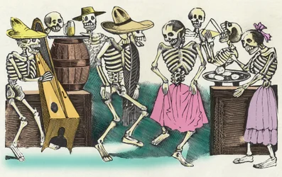 De levende doden: "" Gran Fandango y Francachela de todas las Calaveras "", xylografie door José Guadalupe Posada (1852 - 1913) ter illustratie van de festiviteiten van de Dag van de Doden (1 november). Mexico.