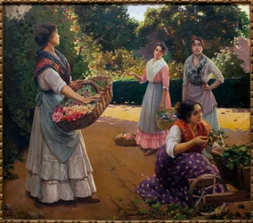 Bloemisten in het Park van Maria Luisa - Schilderij door Jose Rico Cejudo, Olieverf op doek