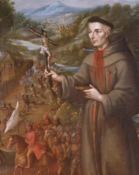 Vernietiging door de Indianen van de missie van St. Saba in Texas en martelaarschap van de Franciscaanse monnik Jose de Sanriesban (detail)