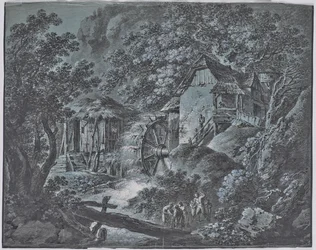 Molen in een boslandschap met verschillende mensen en een reusachtige