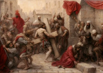 Jezus draagt het kruis door Jeruzalem