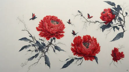 inkt schilderij: Pioen in rood 01