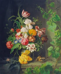 Bloemenstilleven met mus en wijnrank