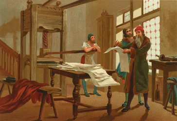 Gutenberg drukt de eerste pagina van de Bijbel