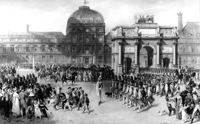 Afbeelding van een Militaire Parade tijdens het Eerste Franse Keizerrijk in 1810, voor de Tuilerieën. 1862