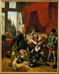 Een scène uit de nacht van St. Bartholomeus (schilderij op doek)