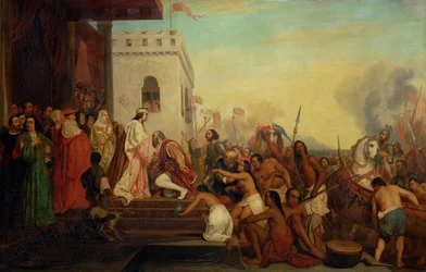 Christoffel Columbus ontvangen door Ferdinand II en Isabella de Katholieke bij zijn terugkeer uit Indië ...