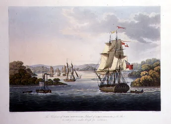 De haven van Port Cornwallis. Eiland van Groot-Andaman, met de vloot die zich klaarmaakt voor Rangoon, gegraveerd door G. Hunt, uitgegeven door Kingsbury & Co., Londen