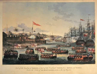 Uitzicht op de landing in Rangoon van een deel van de gecombineerde troepen uit Bengalen en Madras, onder bevel van Sir Archibald Campbell, op 11 mei 1825, gegraveerd door Henry Pyall