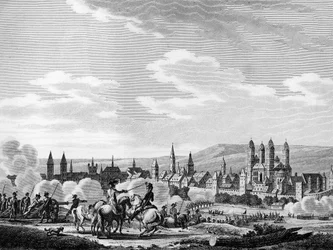 Franse Revolutie en Pruisische Anti-Revolutionaire Beweging: Inname van de stad Speyer in oktober 1792, Duitsland. Gravure door Berthaut naar Swebach. Parijs, Bibliotheek van het Instituut voor Geschiedenis van de Revolutie.