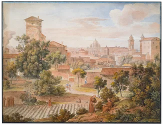 Gezicht vanaf het klooster S. Isidoro op de Sint-Pieter in Rome