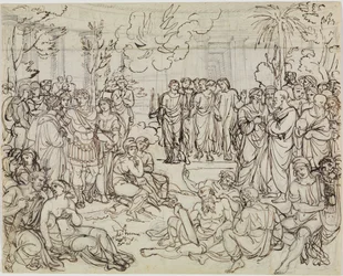 Dante en Vergilius bij de heidenen in het voorgeborchte (Dantes Inferno, zang 4, vs. 52)