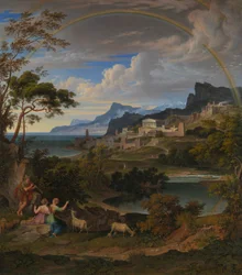 Heroïsch landschap met regenboog