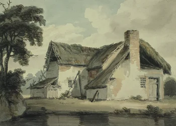Huisje met Rieten Dak bij een Vijver