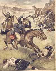 Boerencommando valt Britse patrouille aan tijdens de Anglo-Zulu en Anglo-Boerenoorlogen van 1850-1902, illustratie