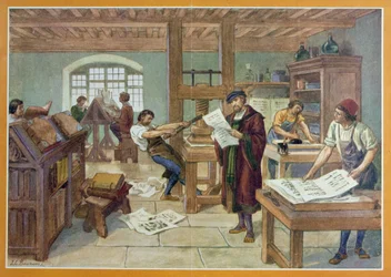 De uitvinding van de boekdrukkunst met losse letters door Gutenberg, illustratie uit "Eerste boek van de Franse geschiedenis" van A. Aymard, uitgegeven door Hachette