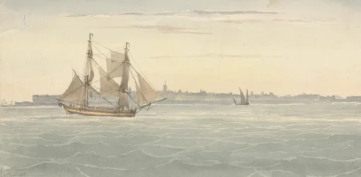 Enkele brik (?) Een ander zeilschip tegen de achtergrond van de stad